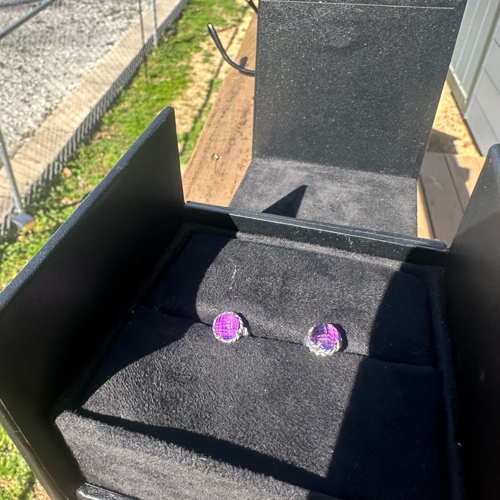 David Yurman Purple Stud Earrings Amethyst with sterling silver studs.